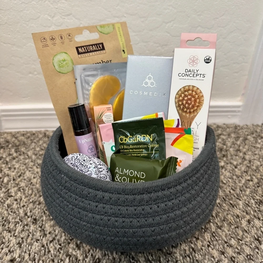 Elegant Gray Gift Basket with Silver Ribbon